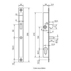 Serrure à larder DOM série 28 axe 25mm profil étroit