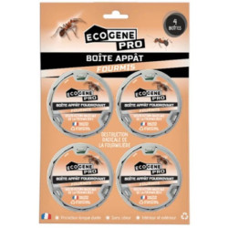 Boîte appât anti fourmis ECOGENE PRO 4x10 g. Élimine la colonie rapidement, usage intérieur extérieur.