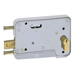 Serrure horizontale Thirard pour porte de garage. Réversible, acier, cylindre européen, livrée avec clés et accessoires.