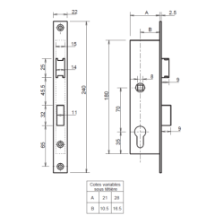 Serrure Metalux série 7 axe 16,5 mm coffre 28 mm entraxe 70 mm