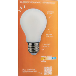 Ampoule LED A60 filament dépoli E27 XXCELL 8.5W - lumière chaude 2700K - 1055lm