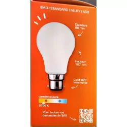 Ampoule LED SMD A60 milky lumière chaude B22 XXCELL 8W - 2700K - 806lm