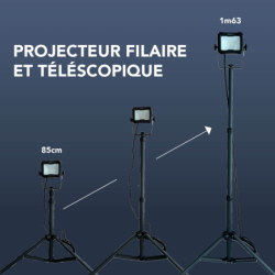 Projecteur LED Tibelec 50W IP65 - Trépied télescopique pour chantier