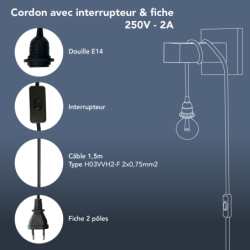 Kit cordon Tibelec E27 avec câble tissu noir – 1,5 m – Pour luminaires intérieurs